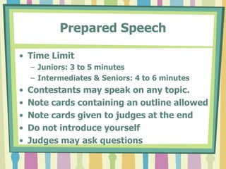 Types of 4-H SpeechesRadio SpotPrepared SpeechInterpretationExtemporaneous4-H Pledge – Clovers only