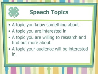 Interpretations3 Types of InterpretationsDramaticPoetryHumorousBring 2 copies of the script for judgesJudges may ask questionsFor dramatic interpretations, 4-H’ers may wear a costume and opt to sit