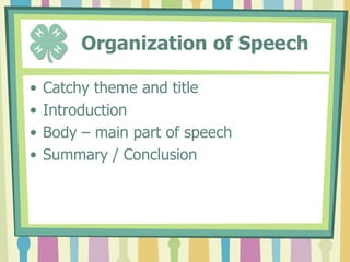 Extemporaneous SpeechTime LimitJuniors & Intermediates: 2 to 3 minutesSeniors: 3 to 5 minutesDraw 3 topics – choose 1 Write speech – use 4 5x8 cards one sideJuniors & Intermediates have 30 minutesSeniors have 15 minutesJudges may ask questions