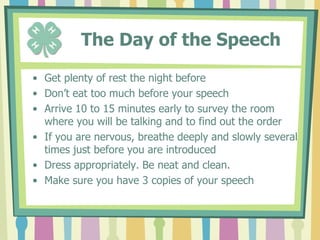        Summary / ConclusionBriefly summarize your main points Appeal for specific action (if that is the intent of your speech)Close with the idea you most want the audience to rememberSummarize the main pointsLeave the audience smiling or laughing