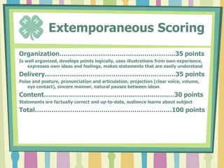         Radio Spot ScoringDelivery…….………………………………………………..30 pointsNaturalness, articulation and pronunciation, projection (clear voice, volume, voice modulation)Content………………………………………………………40 pointsStatements are factually correct and up-to-date, address is interesting to listener, material is appropriateTiming………………….………………………………….…30 pointsMeets established time limits, adjusts speed as necessaryTotal…………………………………………………………100 points