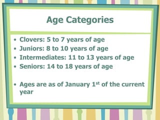  Show an “I Can Do It!” attitudeContest FlowClub Contest – March 25th at meetingAny 4-H’er can participate You can participate in multiple categoriesCounty Contest – Fri, April 16 at 7 PM, Co Fair.Any 4-H’er can participateYou can participate in multiple categoriesMD State Contest – Sat, April 24 at Univ of MD4-H’er must win the county contestYou can only participate in one category