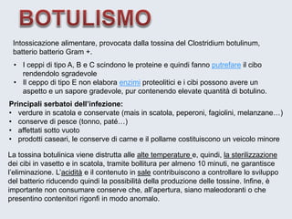 Intossicazione alimentare, provocata dalla tossina delClostridium botulinum, batterio batterio Gram +. 
•I ceppi di tipo A, B e C scindono le proteine e quindi fannoputrefareil cibo rendendolo sgradevole 
•Il ceppo di tipo E non elaboraenzimiproteolitici e i cibi possono avere un aspetto e un sapore gradevole, pur contenendo elevate quantità di botulino. 
Principali serbatoi dell’infezione: 
•verdure in scatola e conservate (mais in scatola, peperoni, fagiolini, melanzane…) 
•conserve di pesce (tonno, paté…) 
•affettati sotto vuoto 
•prodotti caseari, le conserve di carne e il pollame costituiscono un veicolo minore 
La tossina botulinica viene distrutta alle alte temperature e, quindi, la sterilizzazione dei cibi in vasetto e in scatola, tramite bollitura per almeno 10 minuti, ne garantisce l’eliminazione. L’aciditàe il contenuto in salecontribuiscono a controllare lo sviluppo del batterio riducendo quindi la possibilità della produzione delle tossine. Infine, è importante non consumare conserve che, all’apertura, siano maleodoranti o che presentino contenitori rigonfi in modo anomalo.  