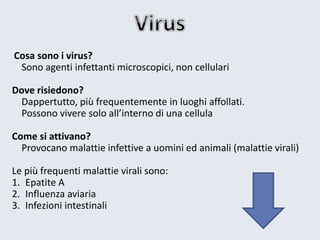 Cosasonoivirus? 
Sonoagentiinfettantimicroscopici, non cellulari 
Dove risiedono? 
Dappertutto, piùfrequentementein luoghiaffollati. 
Possonoviveresolo all’internodi unacellula 
Come siattivano? 
Provocanomalattieinfettivea uominiedanimali(malattievirali) 
Le piùfrequentimalattieviralisono: 
1.EpatiteA 
2.Influenza aviaria 
3.Infezioniintestinali  