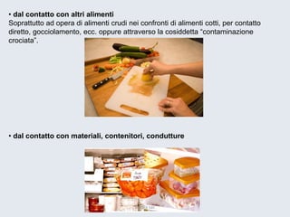 • dal contatto con altri alimenti 
Soprattutto ad opera di alimenti crudi nei confronti di alimenti cotti, per contatto diretto, gocciolamento, ecc. oppure attraverso la cosiddetta “contaminazione crociata”. 
• dal contatto con materiali, contenitori, condutture 
Dadila sas 
 