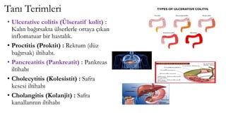 Tanı Terimleri
• Ulcerative colitis (Ülseratif kolit) :
Kalın bağırsakta ülserlerle ortaya çıkan
inflomatuar bir hastalık.
• Proctitis (Proktit) : Rektum (düz
bağırsak) iltihabı.
• Pancreatitis (Pankreatit) : Pankreas
iltihabı
• Cholecytitis (Kolesistit) : Safra
kesesi iltihabı
• Cholangitis (Kolanjit) : Safra
kanallarının iltihabı
 