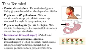 Tanı Terimleri
• Zenker diverticulum : Farinksle özofagusun
birleştiği yerde lateral duvarda oluşan divertiküller.
• Peptic ulcus (Peptik ulkus) : Mide ve
duodenumda asit-pepsin aktivitesinin artışı
sonucu doku kaybı ile ortaya çıkan yara.
• Peptic oesophagitis (Peptik özofajit) : Mide
asidinin özofagusa geri kaçması (reflüksü) sonucu
oluşan özofagus iltihabıdır.
• İntoxication (intoksikasyon) : Zehirlenme
• İntestinal intoxicitaion (İntestinal
intoksikasyon) : Toksit nitelikteki metabolizma
artıklarının bağırsaklardan emilerek kan ve
dokulara geçmesi sonucu gelişen zehirlenme.
 