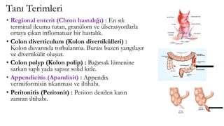 Tanı Terimleri
• Regional enterit (Chron hastalığı) : En sık
terminal ileumu tutan, granülom ve ülserasyonlarla
ortaya çıkan inflomatuar bir hastalık.
• Colon diverticulum (Kolon divertikülleri) :
Kolon duvarında torbalanma. Burası bazen yangılaşır
ve divertikülit oluşur.
• Colon polyp (Kolon polip) : Bağırsak lümenine
sarkan saplı yada sapsız solid kitle.
• Appendicitis (Apandisit) : Appendix
vermiformisin tıkanması ve iltihabı.
• Peritonitis (Peritonit) : Periton denilen karın
zarının iltihabı.
 