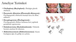 Ameliyat Terimleri
• Cheiloplasty (Keyloplasti) : Dudağın plastik
ameliyatı.
• Pneumatic dilatation (Pinomatik dilatasyon) :
Özefagugastrik sfinkterin basınçlı hava ile dilate
edilmesi.
• Oesophagotomy (Özofagotomi) :
Özofagogastrik sfinkter kaslarına kesi yapılarak
genişletme operasyonu.
• Sialadenectomy (Siyaladenektomi) : Tükürük
bezinin ameliyat ile alınması.
• Abdominocentesis (Abdominosentez) : Karın
boşluğuna iğne ile girilip sıvı çekme.
 