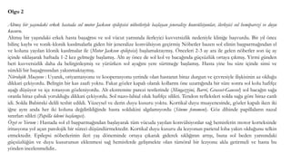 Olgu 2
Altmış bir yaşındaki erkek hastada sol motor Jackson epilepsisi nöbetleriyle başlayan jeneralize konvülsiyonlar, ilerleyici sol hemiparezi ve duyu
kusuru.
Altmış bir yaşındaki erkek hasta başağrısı ve sol vücut yarısında ilerleyici kuvvetsizlik nedeniyle kliniğe başvurdu. Bir yıl önce
bilinç kaybı ve tonik-klonik kasılmalarla giden bir jeneralize konvülsiyon geçirmiş Nöbetler bazen sol elinin başparmağından el
ve koluna yayılan klonik kasılmalar ile (Motor Jackson epilepsisi) başlamaktaymış. Önceleri 2-3 ay ara ile gelen nöbetler son üç ay
içinde sıklaşarak haftada 1-2 kez gelmeğe başlamış. Altı ay önce de sol kol ve bacağında güçsüzlük ortaya çıkmış. Yirmi günden
beri kuvvetsizlik daha da belirginleşmiş ve yürürken sol ayağını yere sürtmeğe başlamış. Hasta yine bu süre içinde sinsi ve
sürekli bir başağrısından yakınmaktaymış.
Nörolojik Muayene : Uyanık, oriyantasyonu ve kooperasyonu yerinde olan hastanın biraz durgun ve çevresiyle ilişkisinin az olduğu
dikkati çekiyordu. Belirgin bir kas zaafı yoktu. Fakat gözler kapalı olarak kollarını öne uzattığında bir süre sonra sol kolu hafifçe
aşağı düşüyor ve içe rotasyon gözleniyordu. Alt ekstremite parezi testlerinde (Mingazzini, Barré, Grasset-Gaussel) sol bacağın sağa
oranla biraz çabuk yorulduğu dikkati çekiyordu. Sol nazo-labial oluk hafifçe silikti. Tendon refleksleri solda sağa göre biraz canlı
idi. Solda Babinski delili tesbit edildi. Yüzeysel ve derin duyu kusuru yoktu. Kortikal duyu muayenesinde, gözler kapalı iken iki
iğne aynı anda her iki koluna değdirildiğinde hasta soldakini algılamıyordu (Sönme fenomeni). Göz dibinde papillaların nazal
sınırları silikti (Papilla ödemi başlangıcı).
Özet ve Yorum : Hastada sol el başparmağından başlayarak tüm vücuda yayılan konvülsiyonlar sağ hemisferin motor korteksinde
iritasyona yol açan patolojik bir süreci düşündürmektedir. Kortikal duyu kusuru da lezyonun parietal loba yakın olduğunu telkin
etmektedir. Epilepsi nöbetlerinin ileri yaş döneminde ortaya çıkarak giderek sıklığının artışı, buna sol beden yarısındaki
güçsüzlüğün ve duyu kusurunun eklenmesi sağ hemisferde gelişmekte olan tümöral bir lezyonu akla getirmeli ve hasta bu
yönden incelenmelidir..
 