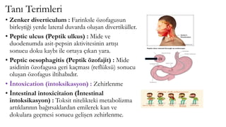 Tanı Terimleri
• Zenker diverticulum : Farinksle özofagusun
birleştiği yerde lateral duvarda oluşan divertiküller.
• Pepti...