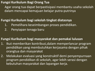 Fungsi Kurikulum Bagi Orang Tua 
Agar orang tua dapat berpastisipasi membantu usaha sekolah 
dalam mencapai kemajuan belajar putra-putrinya 
Fungsi Kurikulum bagi sekolah tingkat diatasnya 
1. Pemelihara keseimbangan proses pendidikan. 
2. Penyiapan tenaga baru 
Fungsi Kurikulum bagi masyarakat dan pemakai lulusan 
1. Ikut memberikan kontribusi,dalam memperlancar program 
pendidikan yang membutuhkan kerjasama dengan pihak 
orangtua dan masyarakat 
2. Melakukan evaluasi yang konstruktif demi penyempurnaan 
program pendidikan di sekolah, agar lebih serasi dengan 
kebutuhan masyarakat dan lapangan kerja. 
 