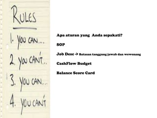 Apa aturan yang Anda sepakati?
SOP

Job Desc -> Batasan tanggung jawab dan wewenang
CashFlow Budget
Balance Score Card

 