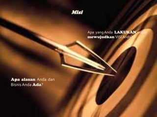 Misi

Apa yang Anda LAKUKAN untuk
mewujudkan VISI Anda?

Apa alasan Anda dan
Bisnis Anda Ada?

 