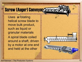 Arif Rahman – The Production Systems
Screw (Auger) Conveyor
Uses a rotating
helical screw blade to
move bulk product,
such as liquid or
granular materials
A spiral blade coiled
around a shaft, driven
by a motor at one end
and held at the other
13
 