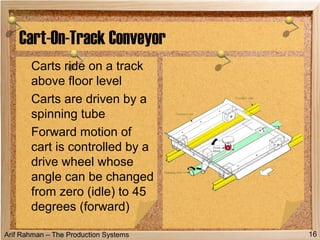 Arif Rahman – The Production Systems
Cart-On-Track Conveyor
Carts ride on a track
above floor level
Carts are driven by a
spinning tube
Forward motion of
cart is controlled by a
drive wheel whose
angle can be changed
from zero (idle) to 45
degrees (forward)
16
 