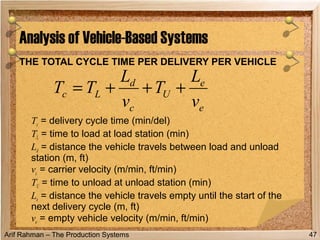 Arif Rahman – The Production Systems
THE TOTAL CYCLE TIME PER DELIVERY PER VEHICLE
Tc = delivery cycle time (min/del)
TL = time to load at load station (min)
Ld = distance the vehicle travels between load and unload
station (m, ft)
vc = carrier velocity (m/min, ft/min)
TU = time to unload at unload station (min)
Le = distance the vehicle travels empty until the start of the
next delivery cycle (m, ft)
ve = empty vehicle velocity (m/min, ft/min)
Analysis of Vehicle-Based Systems
47
e
e
U
c
d
Lc
v
L
T
v
L
TT +++=
 