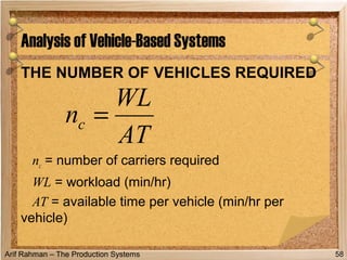 Arif Rahman – The Production Systems
THE NUMBER OF VEHICLES REQUIRED
nc = number of carriers required
WL = workload (min/hr)
AT = available time per vehicle (min/hr per
vehicle)
Analysis of Vehicle-Based Systems
58
AT
WL
nc =
 