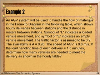 Arif Rahman – The Production Systems
An AGV system will be used to handle the flow of materials
in the From-To Diagram in the following table, which shows
hourly deliveries between stations and the distance in
meters between stations. Symbol of "L" indicates a loaded
vehicle movement, and symbol of "E" indicates an empty
vehicle movement. The traffic factor is assumed to be 0.9.
The availability is A = 0.95. The speed of AGV is 0.8 m/s. If
the load handling time of each delivery = 1.5 minutes,
determine how many vehicles are needed to meet the
delivery as shown in the hourly table?
Example 2
64
 