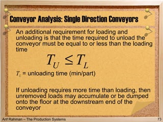 Arif Rahman – The Production Systems
An additional requirement for loading and
unloading is that the time required to unload the
conveyor must be equal to or less than the loading
time
TU = unloading time (min/part)
If unloading requires more time than loading, then
unremoved loads may accumulate or be dumped
onto the floor at the downstream end of the
conveyor
Conveyor Analysis: Single Direction Conveyors
73
LU TT ≤
 