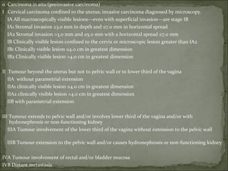 0  Carcinoma  in situ  (preinvasive carcinoma)  I  Cervical carcinoma confined to the uterus; invasive carcinoma diagnosed by microscopy. IA All macroscopically visible lesions—even with superficial invasion—are stage IB IA1 Stromal invasion ≤3.0 mm in depth and ≤7.0 mm in horizontal spread IA2 Stromal invasion >3.0 mm and ≤5.0 mm with a horizontal spread ≤7.0 mm      IB Clinically visible lesion confined to the cervix or microscopic lesion greater than IA2     IB1 Clinically visible lesion ≤4.0 cm in greatest dimension IB2 Clinically visible lesion >4.0 cm in greatest dimension II  Tumour beyond the uterus but not to pelvic wall or to lower third of the vagina IIA  without parametrial extension      IIA1 clinically visible lesion ≤4.0 cm in greatest dimension      IIA2 clinically visible lesion >4.0 cm in greatest dimension      IIB with parametrial extension III Tumour extends to pelvic wall and/or involves lower third of the vagina and/or with hydronephrosis or non-functioning kidney    IIIA Tumour involvement of the lower third of the vagina without extension to the pelvic wall      IIIB Tumour extension to the pelvic wall and/or causes hydronephrosis or non-functioning kidney IVA Tumour involvement of rectal and/or bladder mucosa  IVB Distant metastasis   