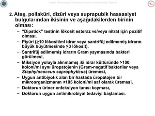 Sağlık Bakanlığı Enfeksiyon Kontrol Hemşireliği Eğitimi

2. Ateş,

pollaküri, dizüri veya suprapubik hassasiyet
bulgularından ikisinin ve aşağıdakilerden birinin
olması:
– “Dipstick” testinin lökosit esteraz ve/veya nitrat için pozitif
olması,
– Piyüri (>10 lökosit/ml idrar veya santrifüj edilmemiş idrarın
büyük büyütmesinde >3 lökosit),
– Santrifüj edilmemiş idrarın Gram yaymasında bakteri
görülmesi,
– Miksiyon yoluyla alınmamış iki idrar kültüründe >100
koloni/ml aynı üropatojenin (Gram-negatif bakteriler veya
Staphylococcus saprophyticus) üremesi,
– Uygun antibiyotik alan bir hastada üropatojen bir
mikroorganizmanın <105 koloni/ml saf olarak üremesi,
– Doktorun üriner enfeksiyon tanısı koyması,
– Doktorun uygun antimikrobiyal tedaviyi başlaması.

 