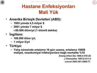 Sağlık Bakanlığı Enfeksiyon Kontrol Hemşireliği Eğitimi

Hastane Enfeksiyonları
Mali Yük
• Amerika Birleşik Devletleri (ABD):
– 1995 yılında 4,5 milyar $
– 2001 yılında 7 milyar $
>88.000 ölüm/yıl (1 ölüm/6 dakika)

• İngiltere:
– 100.000 ölüm /yıl,
– 1 milyar £/yıl

• Türkiye:
– Yatış süresinde ortalama 10 gün uzama, ortalama 1500$
maliyet, nozokomiyal infeksiyonlara bağlı mortalite %16
Emerg Infect Dis 1998;4:416-20.
J Chemother 1997;9:411-4.
Lancet 2003;361:2068-77.

 