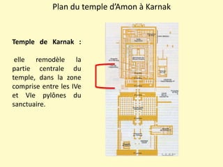 Plan du temple d’Amon à Karnak
Temple de Karnak :
elle remodèle la
partie centrale du
temple, dans la zone
comprise entre les IVe
et VIe pylônes du
sanctuaire.
 