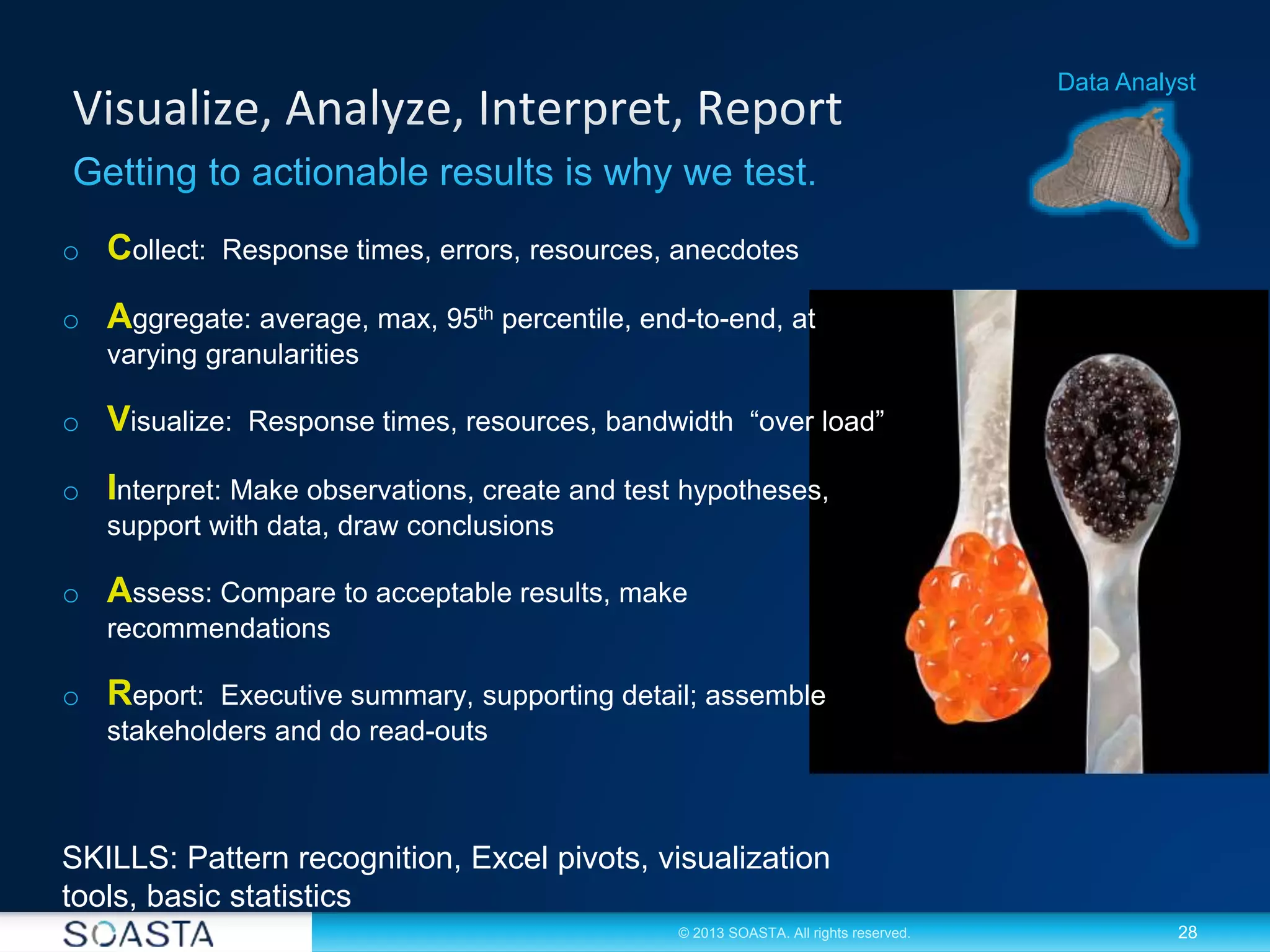 28© 2013 SOASTA. All rights reserved.
o Collect: Response times, errors, resources, anecdotes
o Aggregate: average, max, 95th percentile, end-to-end, at
varying granularities
o Visualize: Response times, resources, bandwidth “over load”
o Interpret: Make observations, create and test hypotheses,
support with data, draw conclusions
o Assess: Compare to acceptable results, make
recommendations
o Report: Executive summary, supporting detail; assemble
stakeholders and do read-outs
SKILLS: Pattern recognition, Excel pivots, visualization
tools, basic statistics
Data Analyst
 