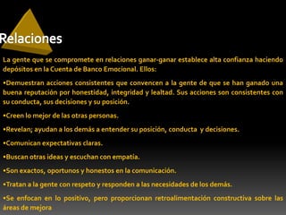 Oculta muchos sentimientos.Perder - PerderLa gente que tiene el paradigma perder - perder no tiene valor ni consideración. Envidian y critican a los demás. Se bajan a sí mismos y a los demás.Características:Es la viva imagen de una persona sumamente dependiente.