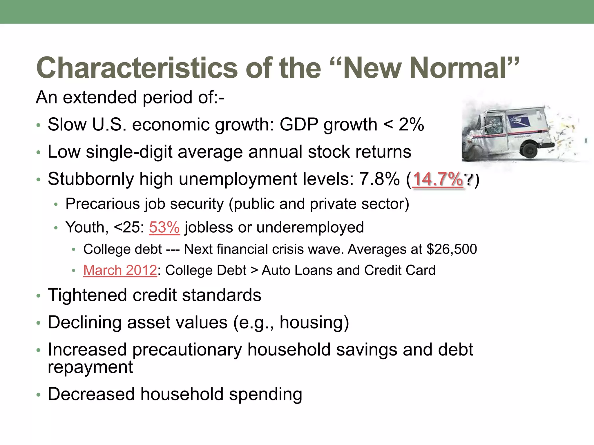 Characteristics of the “New Normal”
An extended period of:-
• Slow U.S. economic growth: GDP growth < 2%
• Low single-digit average annual stock returns
• Stubbornly high unemployment levels: 7.8% (14.7%?)
  • Precarious job security (public and private sector)
  • Youth, <25: 53% jobless or underemployed
    • College debt --- Next financial crisis wave. Averages at $26,500
    • March 2012: College Debt > Auto Loans and Credit Card

• Tightened credit standards
• Declining asset values (e.g., housing)
• Increased precautionary household savings and debt
 repayment
• Decreased household spending
 