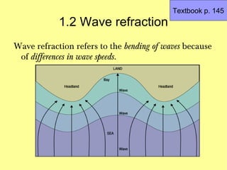 Textbook p. 145
            1.2 Wave refraction
Wave refraction refers to the bending of waves because
 of differences in wave speeds.
 