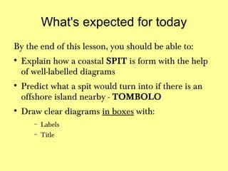 What's expected for today
By the end of this lesson, you should be able to:

    Explain how a coastal SPIT is form with the help
    of well-labelled diagrams

    Predict what a spit would turn into if there is an
    offshore island nearby - TOMBOLO

    Draw clear diagrams in boxes with:
       −   Labels
       −   Title
 