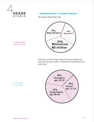 > SEGMENTATION & TARGET MARKET
Demographic Segmentation: Age




      
Within age, we find our target market: Commercial industries and
brands serving a youth market, i.e. Millennials as represented by the
graph below




      




                                                                   14
 