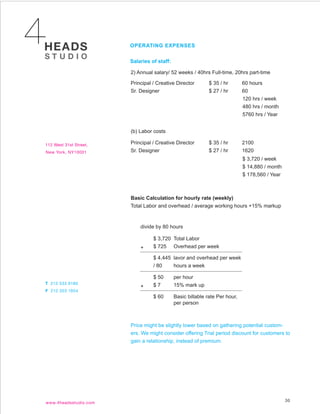 OPERATING EXPENSES


Salaries of staff:

2) Annual salary/ 52 weeks / 40hrs Full-time, 20hrs part-time

Principal / Creative Director        $ 35 / hr       60 hours
Sr. Designer                         $ 27 / hr       60
                                                     120 hrs / week
                                                     480 hrs / month
                                                     5760 hrs / Year


(b) Labor costs

Principal / Creative Director        $ 35 / hr       2100
Sr. Designer                         $ 27 / hr       1620
                                                     $ 3,720 / week
                                                     $ 14,880 / month
                                                     $ 178,560 / Year



Basic Calculation for hourly rate (weekly)
Total Labor and overhead / average working hours +15% markup


    divide by 80 hours

          $ 3,720 Total Labor
    +     $ 725 Overhead per week

          $ 4,445 lavor and overhead per week
          / 80    hours a week

          $ 50       per hour
    +     $7         15% mark up

          $ 60       Basic billable rate Per hour,
                     per person



Price might be slightly lower based on gathering potential custom-
ers. We might consider offering Trial period discount for customers to
gain a relationship, instead of premium.




                                                                        30
 