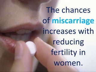 The chances
of miscarriage
increases with
reducing
fertility in
women.
 