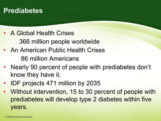 © CBR Nutrition Enterprises
Prediabetes
• A Global Health Crises
366 million people worldwide
• An American Public Health ...