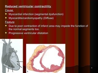 Reduced ventricular contractilityReduced ventricular contractility
CauseCause
 Myocardial infarction (segmental dysfunction)Myocardial infarction (segmental dysfunction)
 Myocarditis/cardiomyopathy (Diffuse)Myocarditis/cardiomyopathy (Diffuse)
FeatureFeature
 Due to poor contraction of infarct area may impede the function ofDue to poor contraction of infarct area may impede the function of
the normal segments too.the normal segments too.
 Progressive ventricular dilatationProgressive ventricular dilatation
66
 