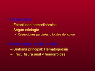 Tratamiento Estabilidad hemodinámica. Según etiología  Resecciones parciales o totales del colon Hemorragia  rectal  y anal Síntoma principal: Hematoquesia Frec,  fisura anal y hemorroides .  