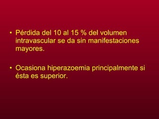 Pérdida del 10 al 15 % del volumen intravascular se da sin manifestaciones mayores. Ocasiona hiperazoemia principalmente si ésta es superior. 