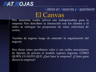 Nos muestran cuales activos son indispensables para la
empresa Nos describen la interacción con los clientes y el
cómo se entregan las propuestas de valor, estructura de
costos.
Fuentes de ingreso luego de entender la organización del
negocio
Nos dicen cómo percibimos valor y con cuáles mecanismos
de fijación de precios el modelo captura ingresos. CÓMO
QUIÉN CUÁNTO QUÉ ¿Qué hace la empresa? ¿Cómo gana
dinero la empresa?
El Canvas
 
