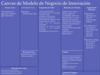 Socios Clave
-Desarrollador de
aplicación moderno,
ágil e interactivo
Actividades Clave
Mercadeo y
desarrollo de ideas
Propuestas de Valor
Atención personalizada
Acompañamiento en los procesos
Guía paso a pago
Confianza en los procesos
Buen Servicio de Calidad
Oportunidad de blogs para saber
lo que opinan los clientes
Contar con un aplicación
innovadora
Reducción de costos al tener
respuestas a sus preguntas
frecuentes
Accesibilidad a la información
Relación con Clientes
Colaboración con los
clientes según las
necesidades, tener una
relación directa con un
segmento de mercado
empresarial. Comunidad
en línea conectada para
intercambiar
conocimientos por medio
de blogs
Aplicación con
información
Segmento de
Mercado
Empresario o
personas con
ideas de
negocios para
turismo.
Una aplicación a
sus alcance y
para abarcar un
nicho de
mercado
diferente
Dispuestos a pagar
por la oferta
generada a
través de la
aplicación
- Recursos Clave
Propios de los socios
Línea de crédito
Canales
El principal canal en este modelo de
negocio es la aplicación diseñada
con sistemas modernos y blogs, con
orientación en las páginas en inglés
y español
Publicidad en redes sociales e
internet
Mercadeo de boca en boca
Facebook con anunciosEstructura de Costos
Costo fijo por la aplicación $
Costo fijo por desarrollo de blog $
Costo de mantenimiento anual $
Fuentes de Ingreso
Pago de servicios de clientes
Canvas de Modelo de Negocio de Innovación
 