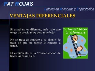 VENTAJAS DIFERENCIALES
Si usted no es diferente, más vale que
tenga un precio muy, pero muy bajo.
No se trata de conocer a su cliente. Se
trata de que su cliente le conozca a
usted.
El crecimiento es la “consecuencia” de
hacer las cosas bien.
 