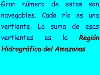 Gran número de estos son navegables. Cada río es una vertiente. La suma de esas vertientes es la Región Hidrográfica del Amazonas.  