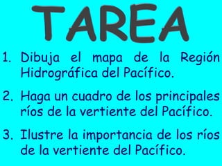 1.Dibuja el mapa de la Región Hidrográfica del Pacífico. 
2.Haga un cuadro de los principales ríos de la vertiente del Pacífico. 
3.Ilustre la importancia de los ríos de la vertiente del Pacífico.  