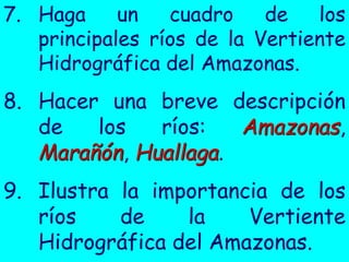7.Haga un cuadro de los principales ríos de la Vertiente Hidrográfica del Amazonas. 
8.Hacer una breve descripción de los ríos: Amazonas, Marañón, Huallaga. 
9.Ilustra la importancia de los ríos de la Vertiente Hidrográfica del Amazonas.  
