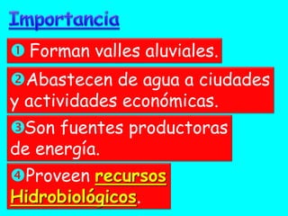  Forman valles aluviales. 
Abastecen de agua a ciudades y actividades económicas. 
 Son fuentes productoras de energía. 
Proveen recursos Hidrobiológicos.  
