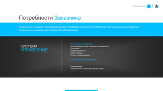 Инструменты управления
Настраиваемые права категорий пользователей
Статистика
Конфигурация сети
SNMP и Syslog
Отчёты о подключениях
Пользовательский интерфейс
Режимы видео
Переключение с помощью горячих клавиш
СИСТЕМА
УПРАВЛЕНИЕ
KVM Roadshow 1
Потребности Заказчика
Наши клиенты ожидают высочайший уровень производительности от KVM систем. Вот основные характеристики,
которые они учитывают при выборе KVM оборудования:
 
