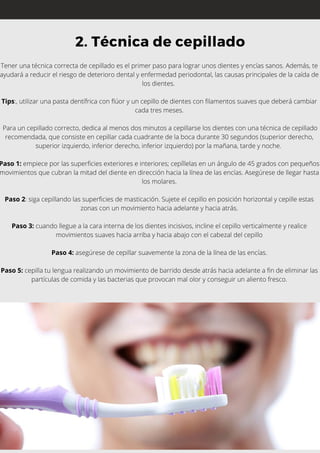 Tener una técnica correcta de cepillado es el primer paso para lograr unos dientes y encías sanos. Además, te
ayudará a reducir el riesgo de deterioro dental y enfermedad periodontal, las causas principales de la caída de
los dientes.
Tips:, utilizar una pasta dentífrica con flúor y un cepillo de dientes con filamentos suaves que deberá cambiar
cada tres meses.
Para un cepillado correcto, dedica al menos dos minutos a cepillarse los dientes con una técnica de cepillado
recomendada, que consiste en cepillar cada cuadrante de la boca durante 30 segundos (superior derecho,
superior izquierdo, inferior derecho, inferior izquierdo) por la mañana, tarde y noche.
Paso 1: empiece por las superficies exteriores e interiores; cepíllelas en un ángulo de 45 grados con pequeños
movimientos que cubran la mitad del diente en dirección hacia la línea de las encías. Asegúrese de llegar hasta
los molares.
Paso 2: siga cepillando las superficies de masticación. Sujete el cepillo en posición horizontal y cepille estas
zonas con un movimiento hacia adelante y hacia atrás.
Paso 3: cuando llegue a la cara interna de los dientes incisivos, incline el cepillo verticalmente y realice
movimientos suaves hacia arriba y hacia abajo con el cabezal del cepillo
Paso 4: asegúrese de cepillar suavemente la zona de la línea de las encías.
Paso 5: cepilla tu lengua realizando un movimiento de barrido desde atrás hacia adelante a fin de eliminar las
partículas de comida y las bacterias que provocan mal olor y conseguir un aliento fresco.
2. Técnica de cepillado
 