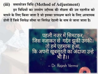 (iii) समायोिन तितध (Method of Adjustment)
इन तितधयों का उपयोग उद्दीपक की िीव्रिा की उस दहिीि को
मापने के तिए तकया िािा है िो इसका प्रत्यक्षण करने के तिए आिश्यक
होिी हैं तिसे तनरपेक्ष सीमा या तनरपेक्ष देहिी के नाम से िाना िािा है।
 